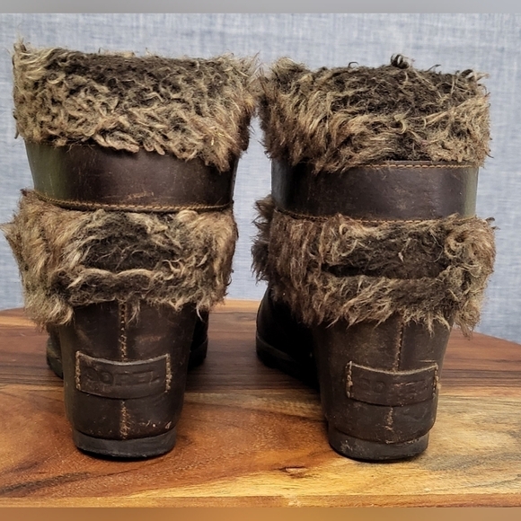 SOREL Joan Of Arctic Wedge Ankle Boots Faux Fur Trim NL1984-010 Brown Size 8.5 - Picture 7 of 12